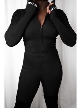 Black Ribbed Zip-Front Long Sleeve set